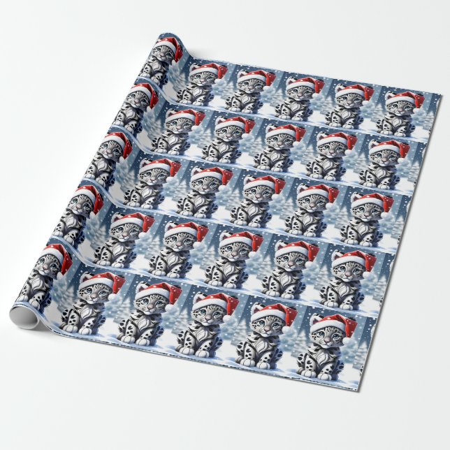 Winter Snowy Santa Cute Snow Leopard Cub Christmas Wrapping Paper (Unrolled)