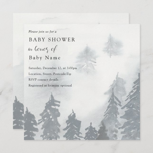 Winter snowy trees baby shower invitation (Front/Back)