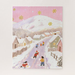 Winter snowy village, children playing, pink hues jigsaw puzzle
