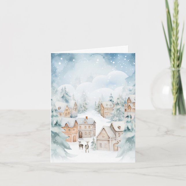 Winter snowy village christmas holiday card (Front)