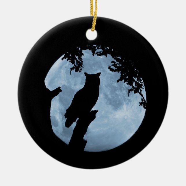 Winter Solstice Blessing with Owl and Moon Ceramic Tree Decoration (Front)