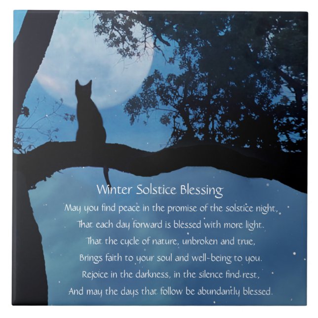 Winter Solstice Cute Cat in Tree and Moon Poem Cer Tile (Front)
