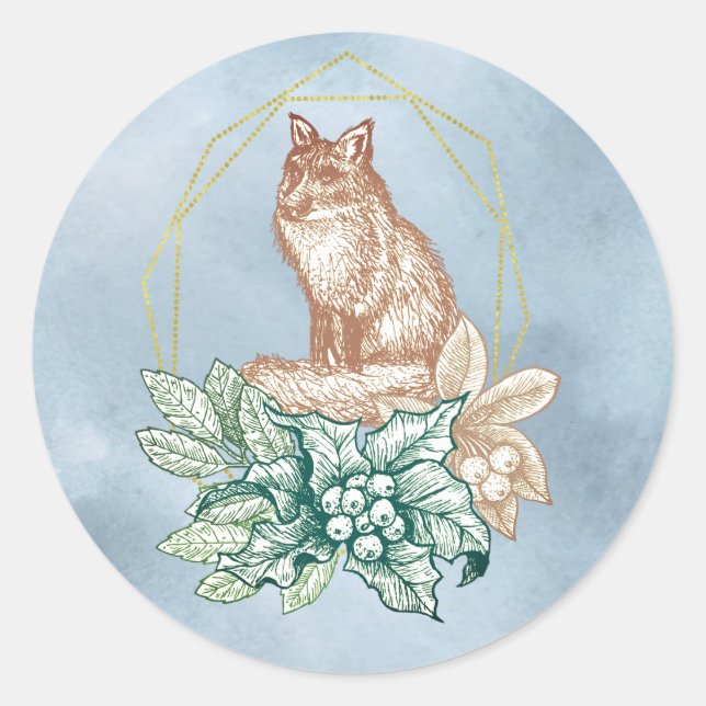 Winter Solstice Floral Fox Classic Round Sticker (Front)