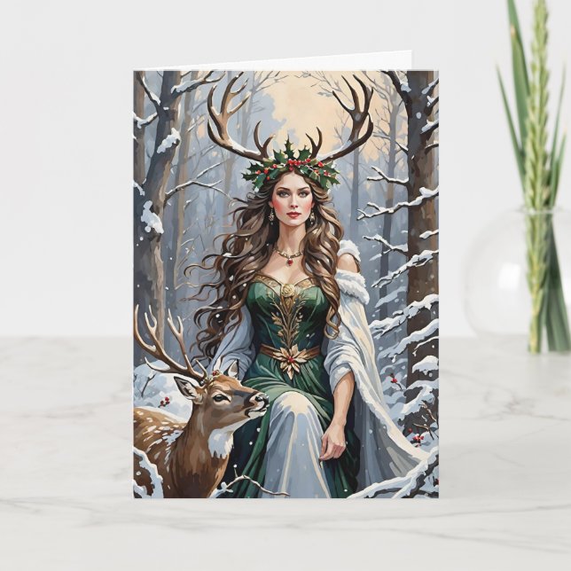 Winter Solstice Goddess & Deer in the Forest Holiday Card (Front)