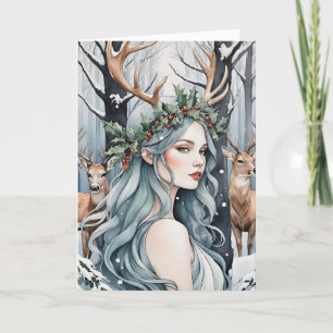 Winter Solstice Goddess & Deer in the Forest Holiday Card