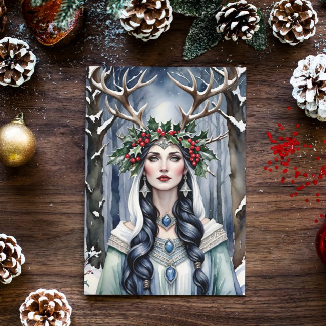 Winter Solstice Goddess in the Forest Holiday Card (Winter Solstice Yule Goddess in a snowy forest)