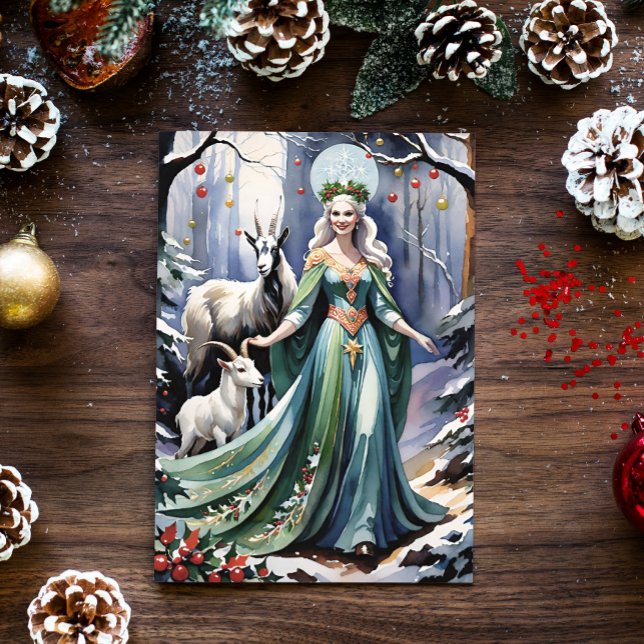 Winter Solstice Goddess Yule Goats in Forest Holiday Card (Blessed Yule Winter Goddess and Goats in a Snowy Forest)