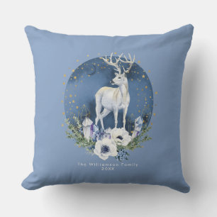 Winter Solstice Holiday Deer Blue White Christmas Cushion