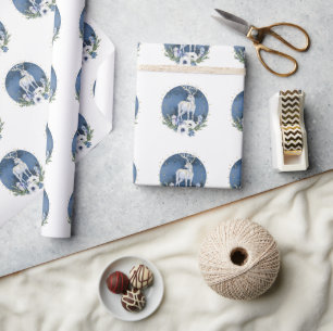 Winter Solstice Holiday Deer Blue White Christmas Wrapping Paper