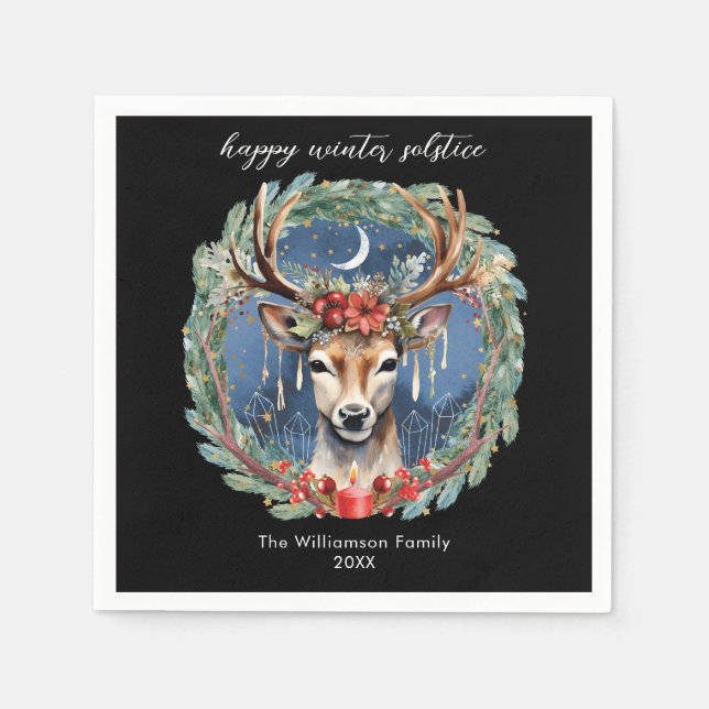 Winter Solstice Holiday Deer Wreath Yule Christmas Napkin (Front)