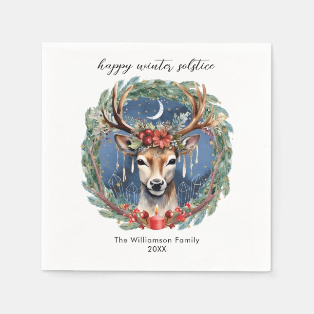 Winter Solstice Holiday Deer Wreath Yule Christmas Napkin (Front)