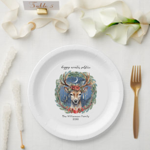 Winter Solstice Holiday Deer Wreath Yule Christmas Paper Plate