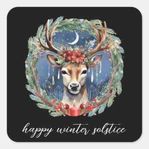Winter Solstice Holiday Deer Wreath Yule Christmas Square Sticker