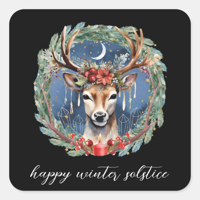 Winter Solstice Holiday Deer Wreath Yule Christmas Square Sticker (Front)