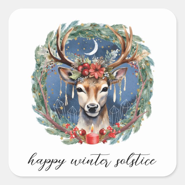 Winter Solstice Holiday Deer Wreath Yule Christmas Square Sticker (Front)