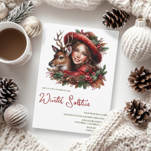 Winter Solstice Holly Girl & Deer Holiday Forest Invitation