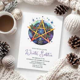Winter Solstice Holly Yule Pentacle Pagan Invitation