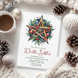 Winter Solstice Holly Yule Pentacle Pagan Invitation