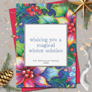 Winter Solstice Pink Poinsettia Holly Berries Yule Holiday Card