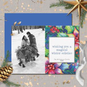 Winter Solstice Pink Poinsettia Holly Photo Holiday Card
