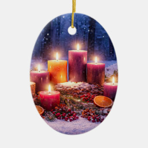 Winter Solstice Pretty Candles in the Snow Ceramic Tree Decoration