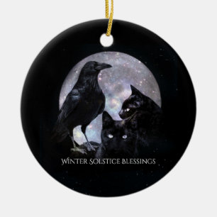 Winter Solstice Raven and Black Cats With Blessing Ceramic Tree Decoration