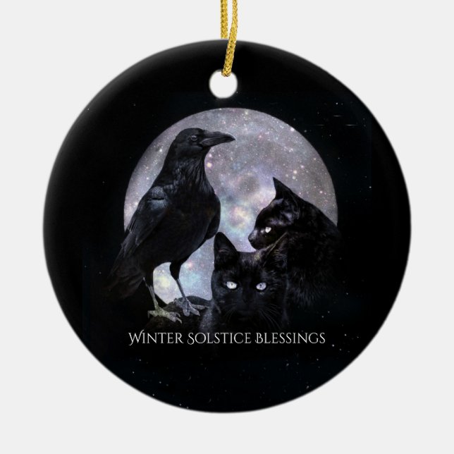 Winter Solstice Raven and Black Cats With Blessing Ceramic Tree Decoration (Front)