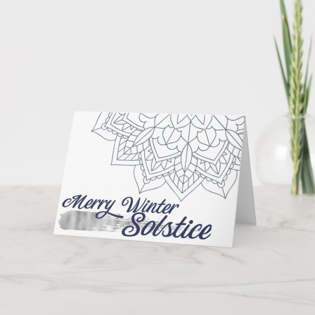 Winter Solstice Snowflake Mandala Blue Silver Holiday Card (Front)