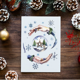 Winter Solstice Wicca Witch Hands & Snowglobe Holiday Card