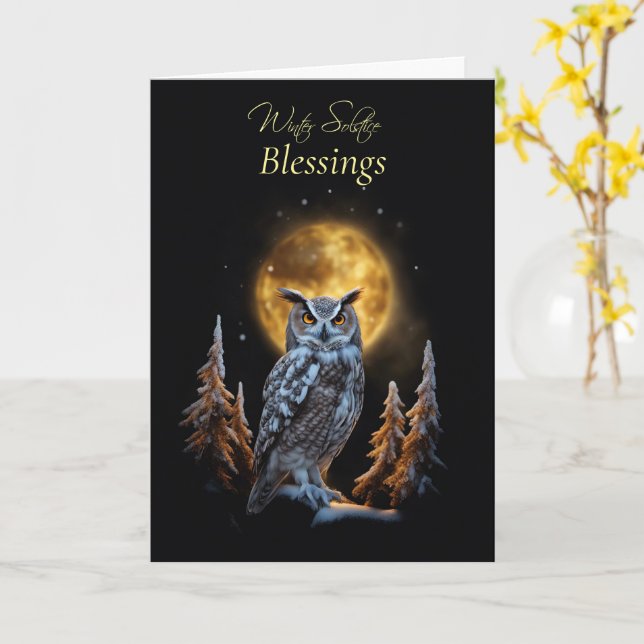 Winter Solstice with Owl and Moon Blessing  Card (Yellow Flower)