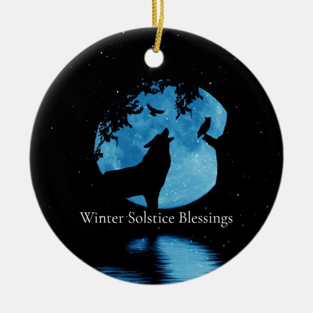Winter Solstice Wolf Owl and Winter Moon Ceramic Tree Decoration (Front)