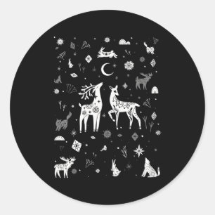 Winter Solstice Woodland Creatures Doodle Classic Round Sticker