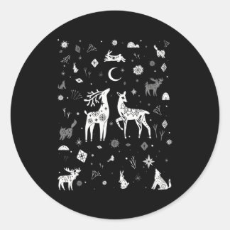 Winter Solstice Woodland Creatures Doodle Classic Round Sticker