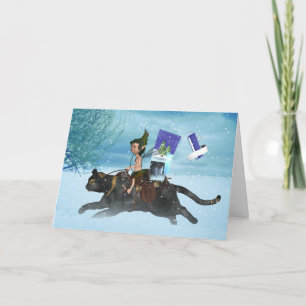 Winter Solstice Woodland Elf On Cat Delivering Sea Holiday Card