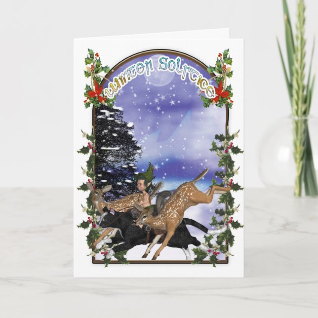 Winter Solstice Woodland Elf On Cat With Fawns Holiday Card (Front)
