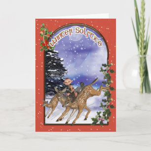 Winter Solstice Woodland Elf Riding A Fawn Holiday Card