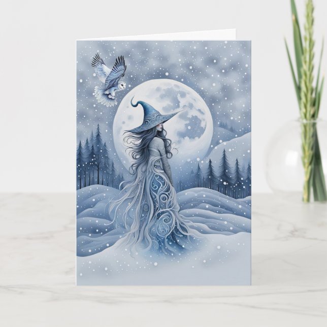 Winter Solstice Yule Folk Art Inspired Witchy Lady Card (Front)