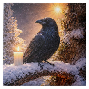 Winter Solstice Yule Raven and Snow Tile