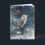 Winter Solstice Yule with Beautiful Owl with Snow  Card<br><div class="desc">Send greetings for the winter solstice! A pretty card,  that has a round faced barn owl on a post with snow and lights.</div>