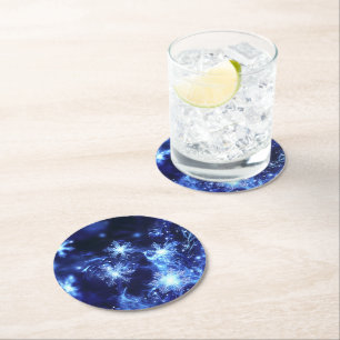 Winter Sparkle Blue Snowflakes Round Paper Coaster