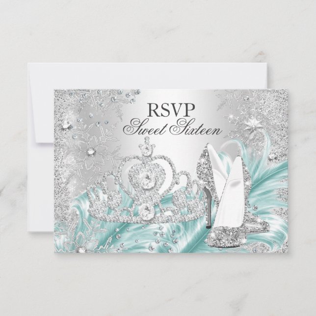 Winter Sparkle Snowflake Blue Sweet 16 RSVP (Front)