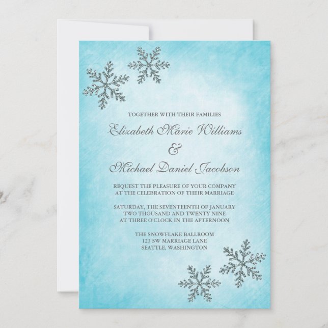 Winter Sparkle Snowflakes Teal Wedding Invitations (Front)
