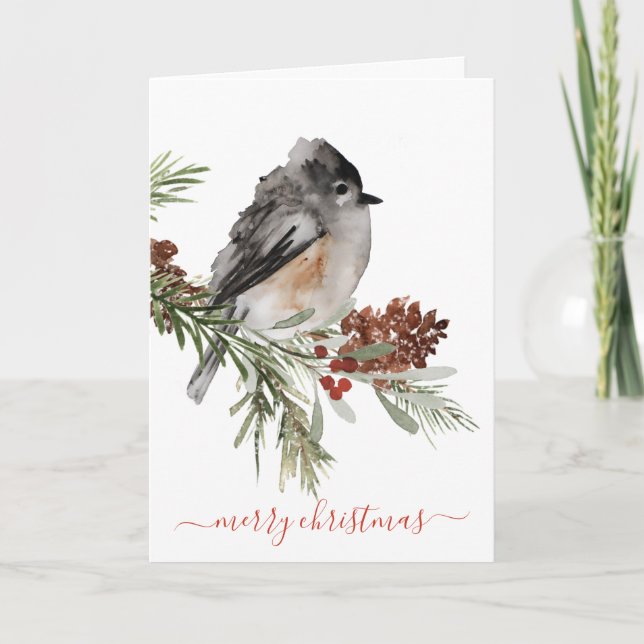 Winter Sparrow Spruce Red Berries Merry Christmas Holiday Card (Front)