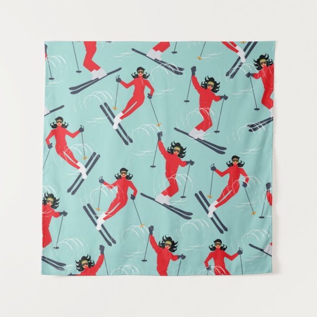 Winter sport seamless pattern. Young beautiful wom Tapestry (Front)
