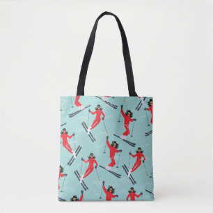 Winter sport seamless pattern. Young beautiful wom Tote Bag