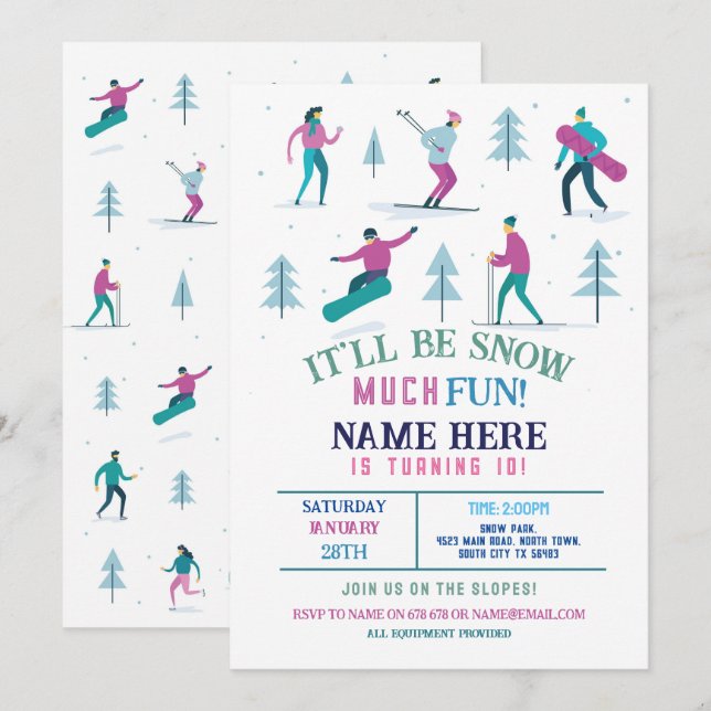 Winter Sports Birthday Girls Ski Snowboard Invitation (Front/Back)