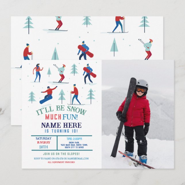 Winter Sports Birthday Party Ski Snowboard Photo Invitation (Front/Back)