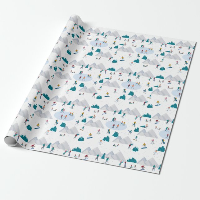 Winter Sports Holiday Fun Pattern Wrapping Paper (Unrolled)
