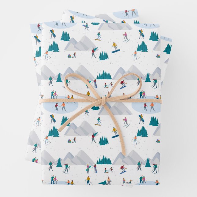 Winter Sports Holiday Fun Pattern Wrapping Paper Sheet (In situ)