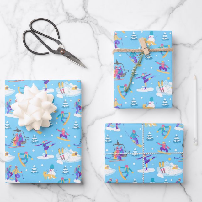 Winter Sports Skating Skiing Snowboarding Pattern Wrapping Paper Sheet (Front)